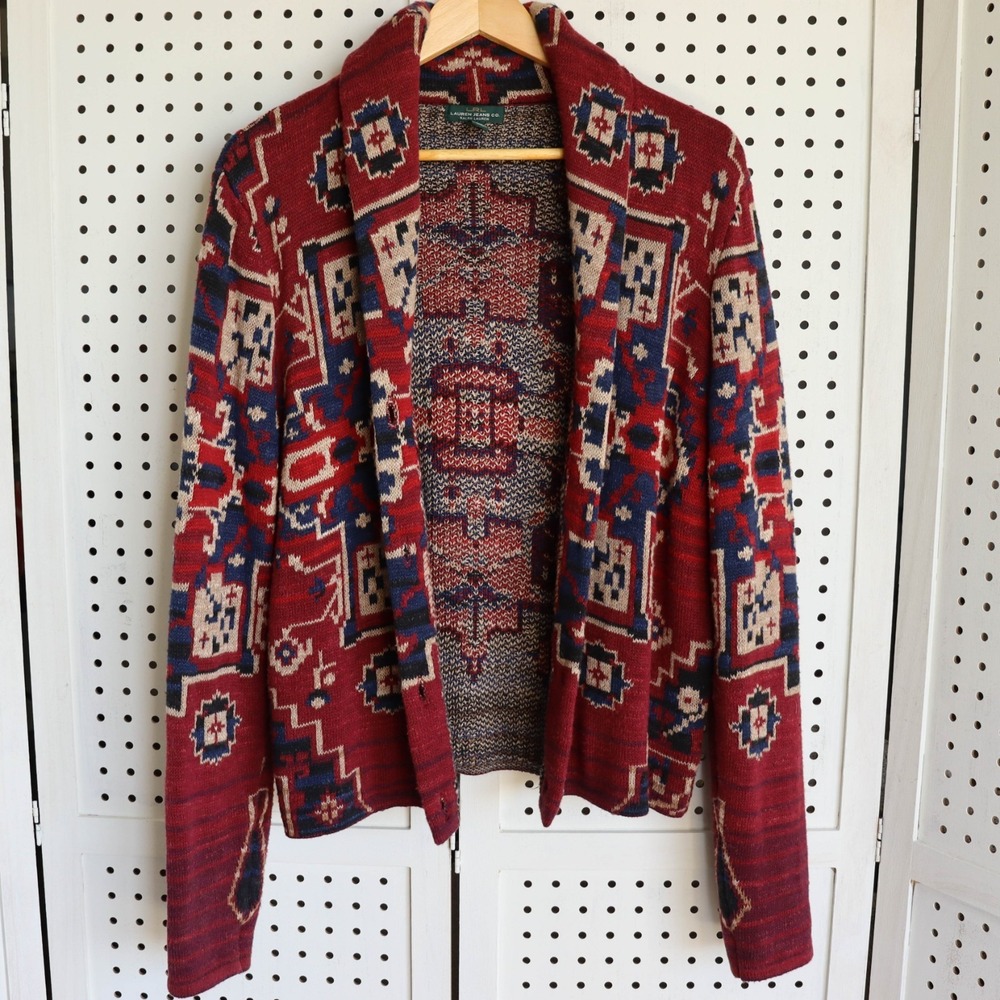 LRL Lauren Jeans Co Southwest Aztec Print Button Cardigan Sweater Womens SIZE XL